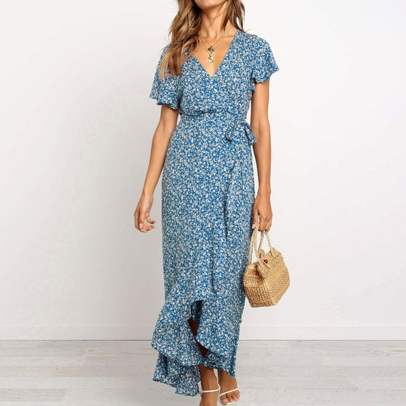 Bohemian Chiffon Long Maxi Summer Dress | Floral Print Beach V Neck Short Sleeve Dress