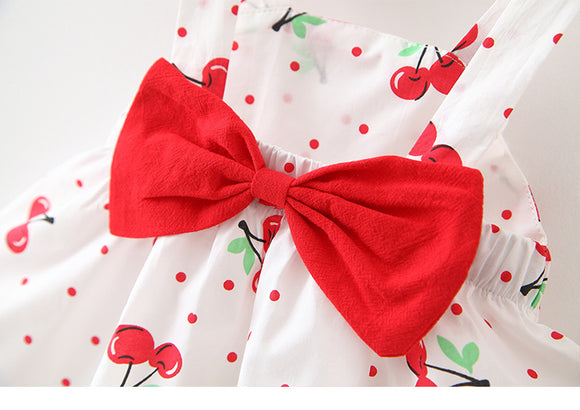 New Summer Baby Infants Girls Dress + Hat | Printed Dot Cherry Princess Bow Strapped Dress + Hat